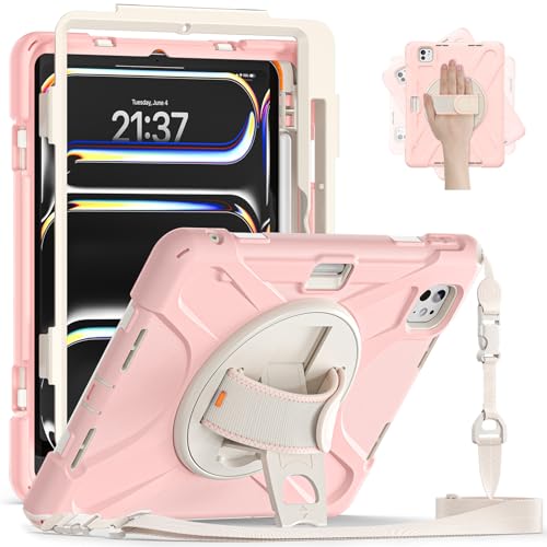 Coque iPad Pro 11 M5 2025 antichoc rose avec porte-stylet et support pour enfant