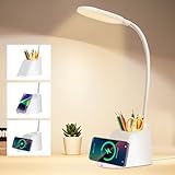 UEASE Schreibtischlampe LED mit kabelloser Ladefunktion, 3 Farben Stufenlos Dimmbare Tischlampe kinder mit Stifthalter und Handyhalterung, 360°Flexibler Schwanenhals Tischleuchte für Büro, Lernen