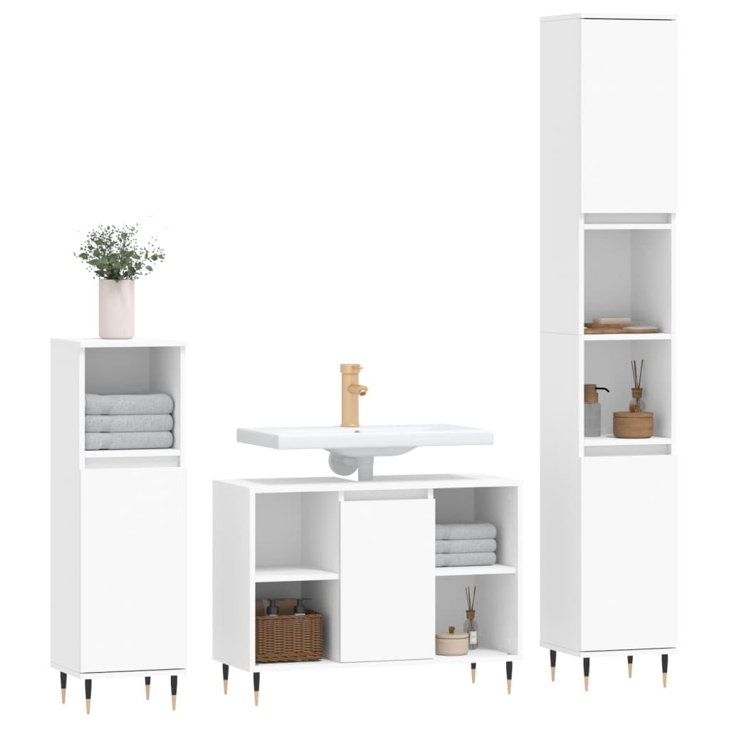 3-częściowy zestaw mebli łazienkowych, biały, materiał drewnopochodny, żelazne nogi, 80 x 33 x 60 cm, szafka pod umywalkę, odporny na wilgoć, nowoczesny design do łazienki