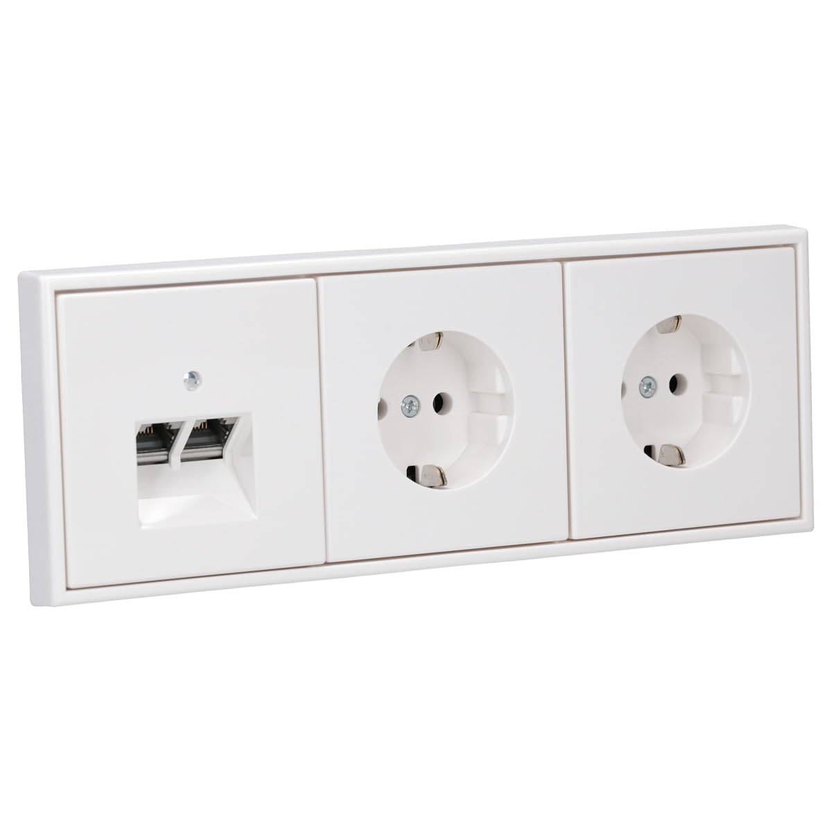 JUNG Serie LS Cat.6A Doppel-Netzwerkdose & 2 Steckdosen Schneeweiß Matt | Cat.6A UAE-Anschlussdose, LS969-2UAWWM Abdeckung, 2x LS1520WWM SCHUKO Steckdose, LS983WWM Rahmen 3-fach
