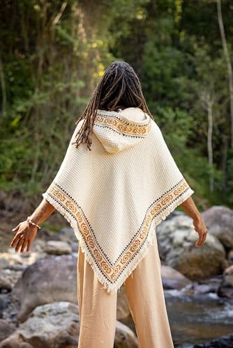 AJJAYA VECHO Poncho Beige Mens Hooded Vegan Textured Cotton with Hood Block Printed Tribal Pattern Gypsy Festival Boho ritual3