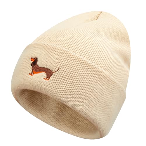 Geyoga Warme Weiche Wintermütze Winter Beanie Mütze Strickmütze mit Stickerei Kalte Mütze mit Hundestickerei Geschenk Strickmütze für Hundebesitzer(Beige,Einfacher Dackel)