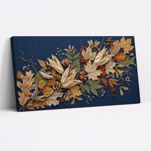 ZUSD Dried Maple and Oak Leaves with Seed Pods on Navy Blue Canvas Wall Art 18X12