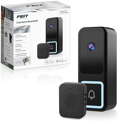 Feit Electric Smart Doorbell Camera, Wired 2K HD Video, Night Vision, Motion Detection, Two-Way Audio, Alexa/Google Assistant Compatible, App Control, Wireless Chime Included, CAM/Door/WiFi/G2