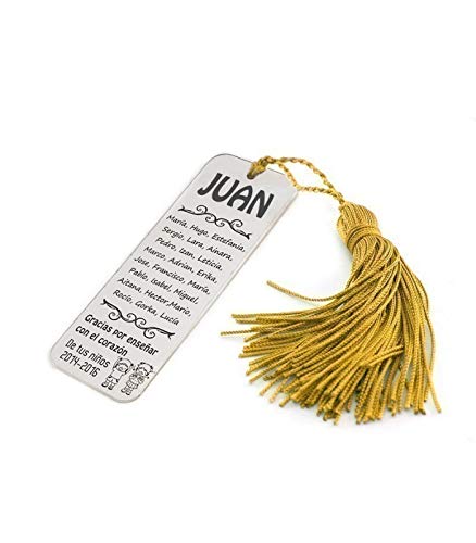 Silver & Steel Marcapáginas para Profesor con Nombres de niños. Plata de Ley (Dorado)