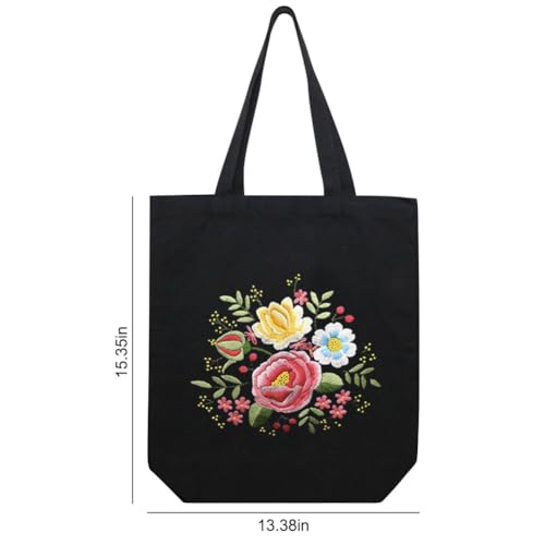 Image of KABAKE Canvas Tote Bag Embroidery Kit - Embroidery Kits for Beginners Combo with Tools - Black Floral Bag Include Stamped Bag, Threads & Tools