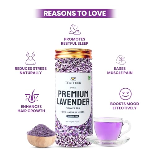 Image of TEAFLOOR - Dried Premium Lavender Flower Tea Pack of 2 | Natural, Herbal ,Pure | Caffeine free| Sun Dried Flower Buds | From The Farms Of KASHMIR |Net Weight : 70 Gram (70+ Cups)| Hot & Iced Tea, Flavored Syrups, Cocktails, Herbal Soap Making & Infusion ||