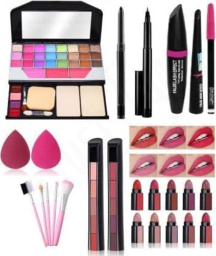 Image of Just Tya Multicolour 6155 Makeup Kit with 5 Pink Makeup Brushes Set, 2 Pcs Red + Nude Lipstick Set,3in1 Eyeliner Combo, 36H, Kajal and 2 Beauty Sponges Women And Girls - (Pack of 15)