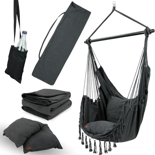 deluxe4home® Hängesessel mit 2 Kissen Anthrazit + Kuscheldecke I Inkl....