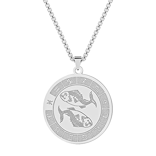 LUTAKU Pisces Zodiac Sign Pendant Necklaces for Women Men 12 Constellation Charm Stainless Steel Astrology Horoscope Sign Disc Jewelry Birthday Gift (Pisces-S)