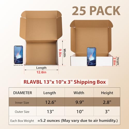 Image of RLAVBL 13x10x3 Shipping Boxes Set of 25, White Corrugated Cardboard Box for Packing, Mailing, Business