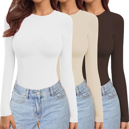 La Mejor Lista de Camisetas y camisas deportivas para Mujer del mes. 42 BIMOZY 3 Pack Camisetas Manga Larga para Mujer,Cuello Redondo,Tops Elásticas,Ajustadas,Básicas y Modernas,Camisetas Térmicas Ligeras
