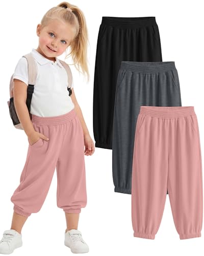 JoyMotion 3 Pcs Toddler Girls Capris Sweatpants Kids Elastic Waist Joggers Baby Casual Pull On Pants with Pockets(3T Black Dark Heather Gray Light Pink)