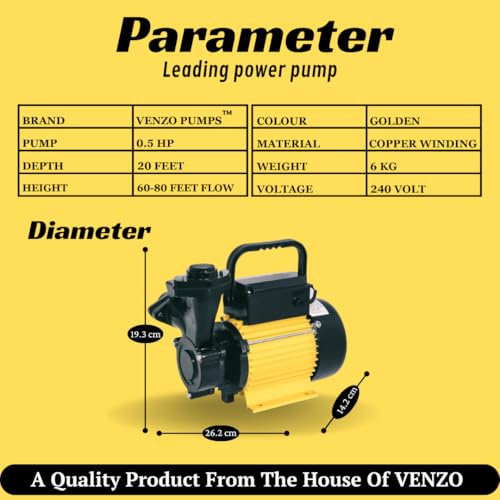 Image of VENZO 0.5 HP Self Priming Regenerative Water Pump | Golden Series | 100% Pure Copper Winding | High-Efficiency Monoblock Motor for Home, Garden, Overhead Tank | 1-Year Manufacturer Warranty