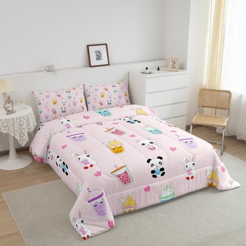 Image of Feelyou Cartoon Milk Tea Bedding Set Queen Size, Kids Cute Panda Comforter Set Kitten Cat Comforter Rabbit Duvet Insert 3Pcs