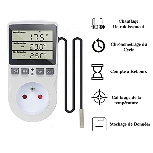 KETOTEK Prise Thermostat Regulateur de Température Numérique Chauffage Refroidissement avec Sonde, LCD Prise Contrôleur de Température Minuteur pour Aquarium Incubateur Serre - Image 3