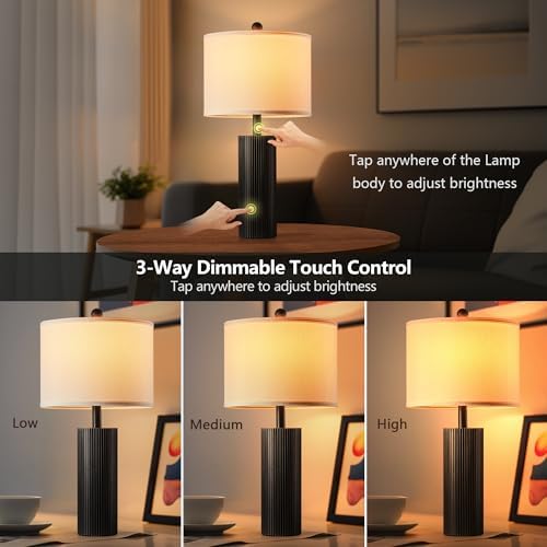 24.5" Black Lamps Set of 2, Modern Table Lamps for Living Room with USB C+A Ports, Creative Stripe Touch Lamps for Nightstand, 2 Bulbs Included - Image 4