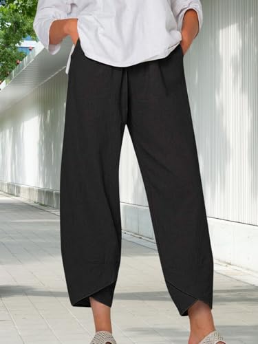 Summer Linen Pants for Women Solid Color Irregular Loose Capri Pants Bohemian Casual Vacation Beach Pants3