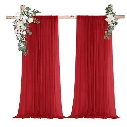 JEVIX 2pcs 5x10feet Chiffon Photography Backdrop Drapes Sheer Curtains Panels with Rod Pockets for Wedding Baby Shower Birthday Party Festival Window Decoration Draperies(Red)