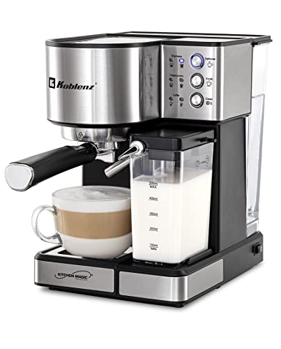 Catálogo para Comprar On-line Maquina de Capuchino al mejor precio. 48 Koblenz Cafetera Espresso, Cappuccino y Latte, 15 Bares de Presión, Multipropósito, Potencia de 1350 W, Deposito de leche, Sistema de Espuma para Café Cappuccino, Filtro lavable...