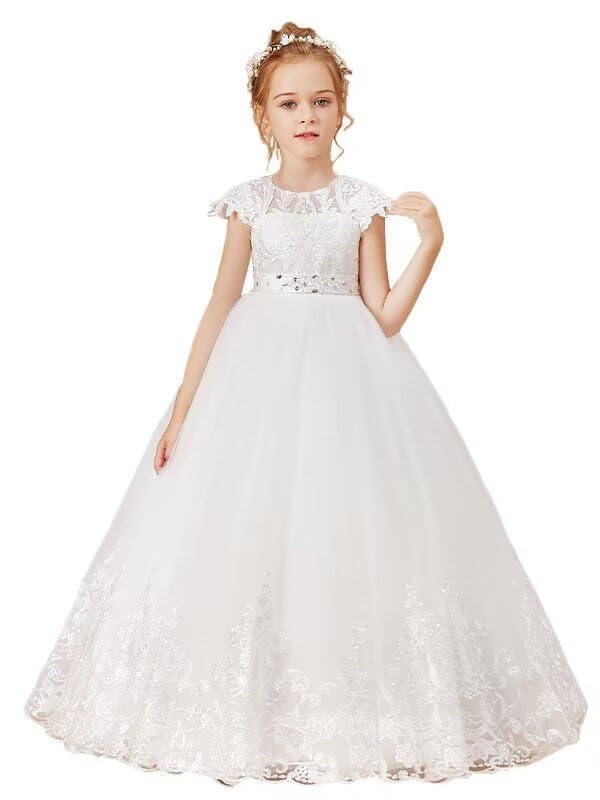Ball Gown Flower Girl Dresses Tulle Applique Scoop Short Sleeves Ankle Length Princess Birthday Gowns