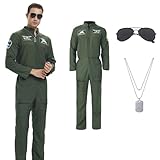 Flight Suit Men Pilot Costume Air Force Jumpsuit Military Uniform with Necklace Sunglasses for Halloween Outfit Cosplay (S)