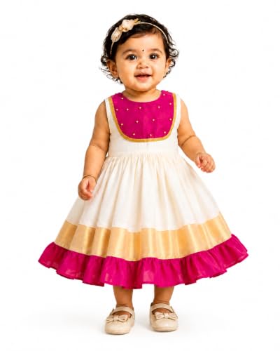 Image of Stanwells Kids Dress for Girls Embroidery Knee Length Traditional Applique Kerala Ethnic Frock for Baby Girls Zipper Beautiful Sleeveless Birthday Dress for Girls Cream & Green (4 Months-7 Years)
