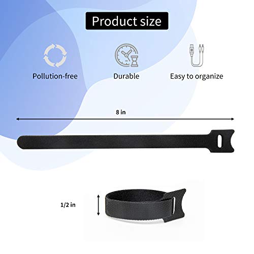 100 PCS Reusable Fastening Cable Ties, 8 x 1/2\" Black Adjustable Cord Straps, Cable Organizer, Cord Wrap and Hook Loop Cords Management. - Thumbnail 2