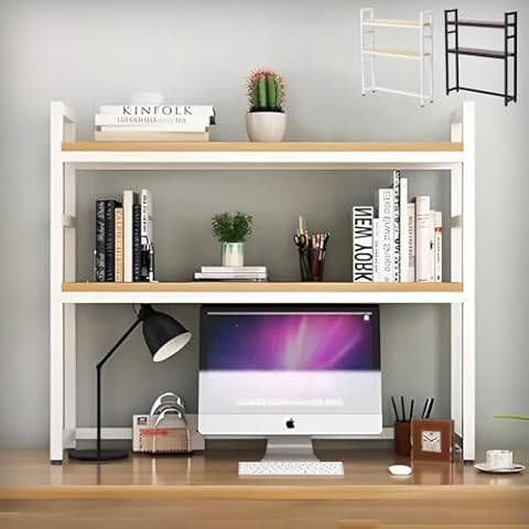 Japard Multipurpose Desktop Display Organizer Rack Wood White Brown 29" Wide, Office Dorm Slim Desk Shelf Bookshelf Countertop Storage Desk Hutch with 2 Wooden Shelves for Computer Monitor 29"-36" Cover