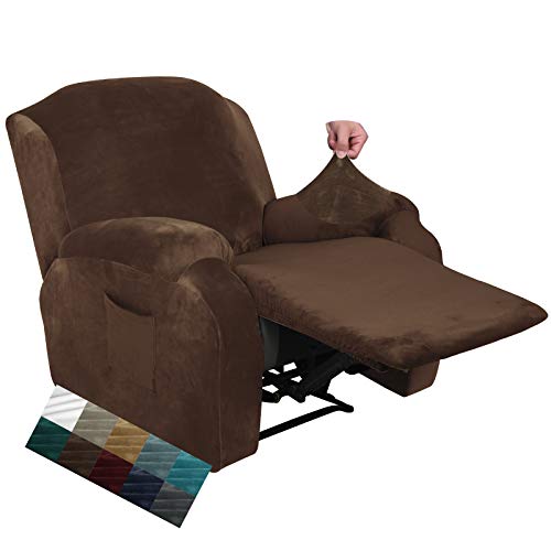 CHELZEN Funda de Sillón Relax Terciopelo, Fundas Sofá Elásticas para sillón, Funda Reclinable de 4 Piezas con Bolsillos Laterales (Café Oscuro)