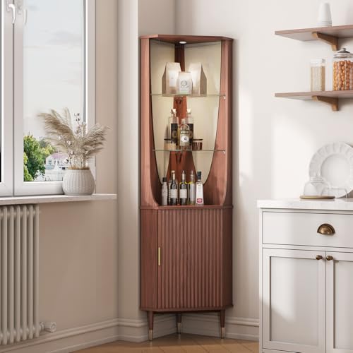 Image of JOINICE Tall Corner Bar Cabinet for Liquor,Mid-Century Modern,Walnut,70 inch | Fluted Door,Glass Shelves,Wine Cabinet with Led for Living Room, Kitchen,Dining Room,Easy Assembly,for Small Apartment