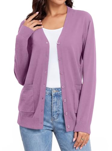 Image of Women's Lightweight Button Down Cardigan Sweaters Long Sleeve Classic V Neck Knit Soft Shrugs with Pocket