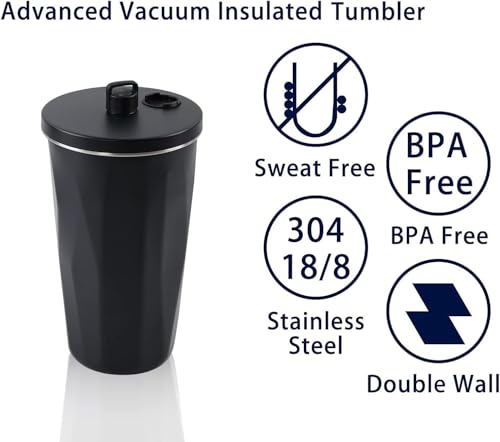 Image of YELONA 600 ml Vacuum Insulated Tumbler with Retractable Straw | Stainless Steel Portable Mug for Hot & Cold Beverages | Leak-Proof, Twist-Off Lid Flask for Coffee, Tea, Juices & More - Charcoal Black