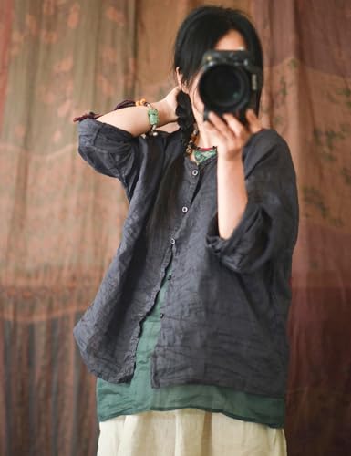 NFYM Womens Summer Lightweight Sheer Button Down Shirt Handmade Threading 3/4 Sleeve Ramie Linen Shirt Blouse2