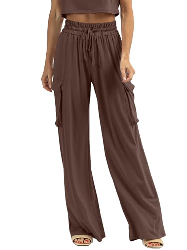 Womens Wide Leg Cargo Pants Flowy Casual Palazzo Pleated Trouser Woman Elastic High Waisted Loose Fit Lounge Pant 20253