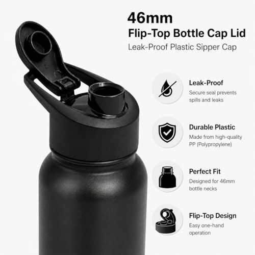 Image of KOTSUN 46mm Plastic Bottle Caps,Water Bottle Sipper Cap Flip top cap Compatible for All Size Bottle 1000 ml, 750 ml, 500 ml (Black) (PACK-6)