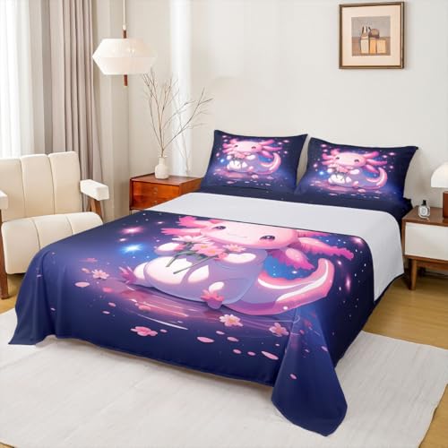 Image of jejeloiu Cute Axolotl Bed Sheets Set King Size Cartoon Pink Axolotl Bed Set Kawaii Salamander Sea Ocean Animal Deep Pocket Fitted Sheet Purple Dreamy Starry Breathable Soft Lightweight Microfiber