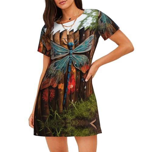 Robe de nuit manches courtes femme motif libellule imprimé clôture légère