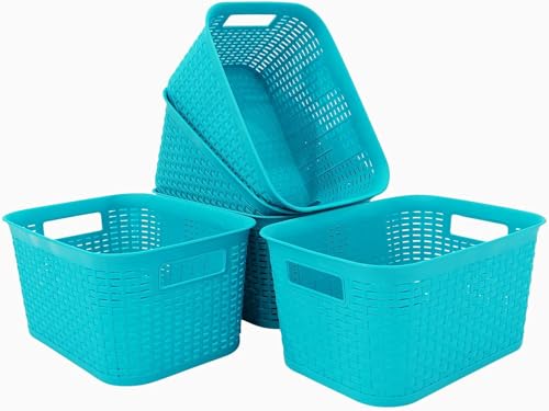 ABBAware 7L Rattan Effect Rectangular Storage Basket, Home Bathroom Bedroom Organising, Pack 5 (Turquoise)