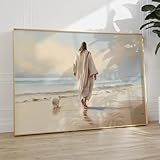 Jesus Walking on the Beach Picture Jesus and Lamb Canvas Wall Art Religious Christian Posters Jesus Sea Painting Bible Verse Watercolor Canvas Print Lds Poster Jesus Ocean Wall Art 16x24inch No Frame