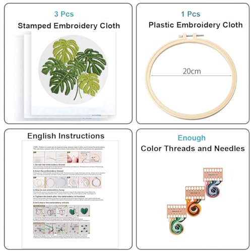 Image of Konrisa Embroidery Kits for Adults Beginner, European Style Garden Plant Green Leaf Stamped Embroidery Starter Kit,DIY Sewing Practice, Needlepoint Cross Stitch Kit,Set of 3