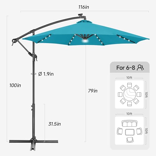 Image of Solar Offset Patio Umbrella - 10 FT Solar Cantilever Umbrella Outdoor with 40 LED Lights and Cross Base, UV Protection for Garden, Deck, Backyard, Pool, Porch, Aqua Blue