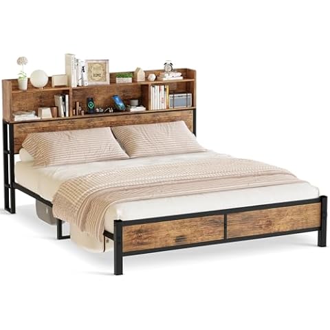 Lamerge Queen Bed Frame with Storage Headboard and Charging Station,Metal Platform Bed Queen with Bookcase Storage,No Box Spring Needed, Easy Assembly, Noise-Free, Walnut Cover