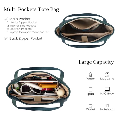 Image of befen Genuine Leather Tote Bag for Women Work Travel Leather Purse Handbags | Real Leather, Padded 14 inch Laptop Compartment, Multi-Pockets, Zipper, Tote Bag for Daily