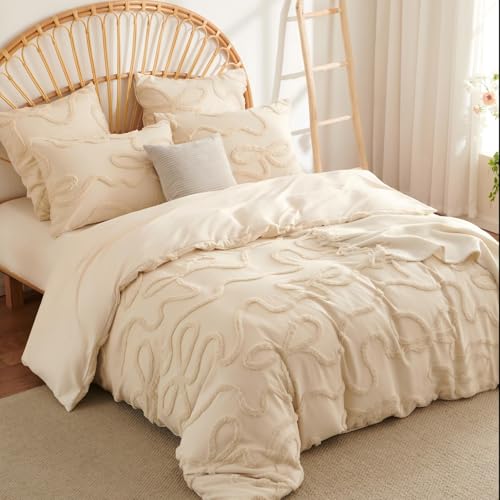 Tospass Boho Bettwäsche 220x240 Beige Getuftet Schleifen Bettwäsche Set – Ansicht 2