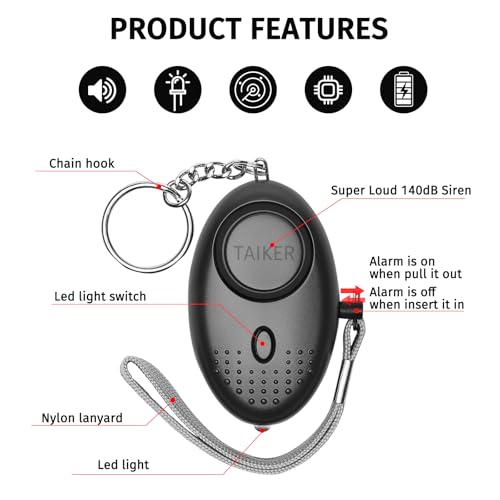 Image of Personal Alarm for Women 140DB Emergency Self-Defense Security Alarm Keychain with LED Light for Women Kids and Elders-2 Pack (Black & White)