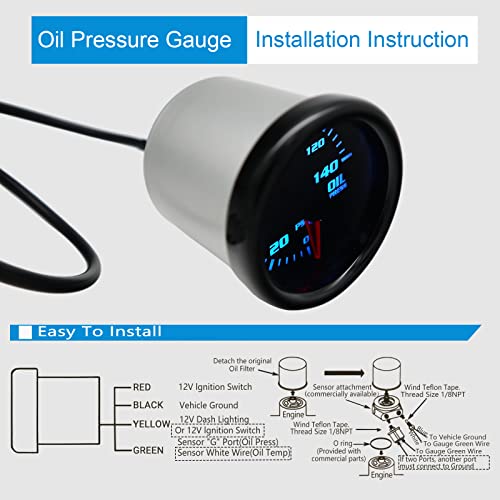 7 Color Oil Pressure Gauge 0-140 Psi Oil Press Gauge Meter 52Mm 2-1/16" Led Backlight Black Oil Pressure Meter With Oil Pressure Sensor #TOP4