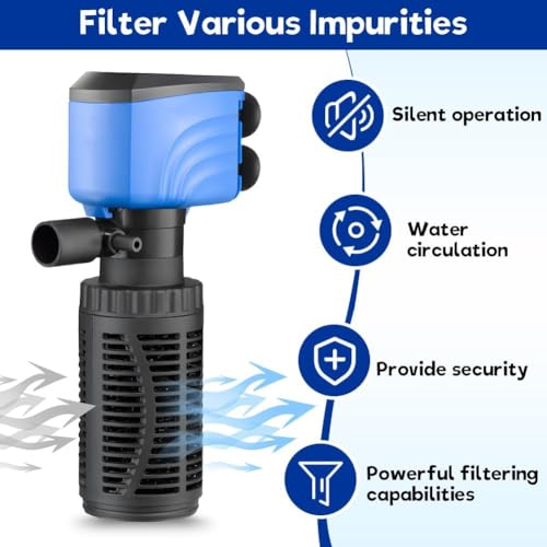 Image of Fish Tank Filter - Silent Internal Aquarium Filter for Clean Water, Air Pump, and Waves - Biochemical Filtration for Healthy Fish and Turtles (6W-600L /H, Black)