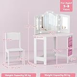 AIYAPLAY Kids Dressing Table and Stool Set, Girls Vanity Table with 2-Colour LED Lights, Tri-Folding Mirror and Side Storage Pocket, Children Makeup Desk for Ages 3-8 Years, White - Image 7
