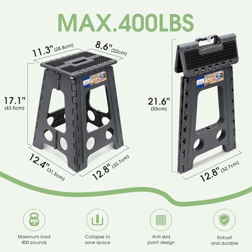 Image of ACKO Folding Step Stool Foldable 17.5 Inch Stools for Adults and Kids,Plastic Stools Tall 400 lbs Capacity, Collapsible Stool for Kitchen, Stepping Foot Stool with Handle, Dot Grey,1 PC